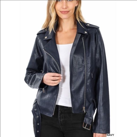 Vegan Leather Snake Skin Embroidered Jacket In Navy - Picture 3 of 3